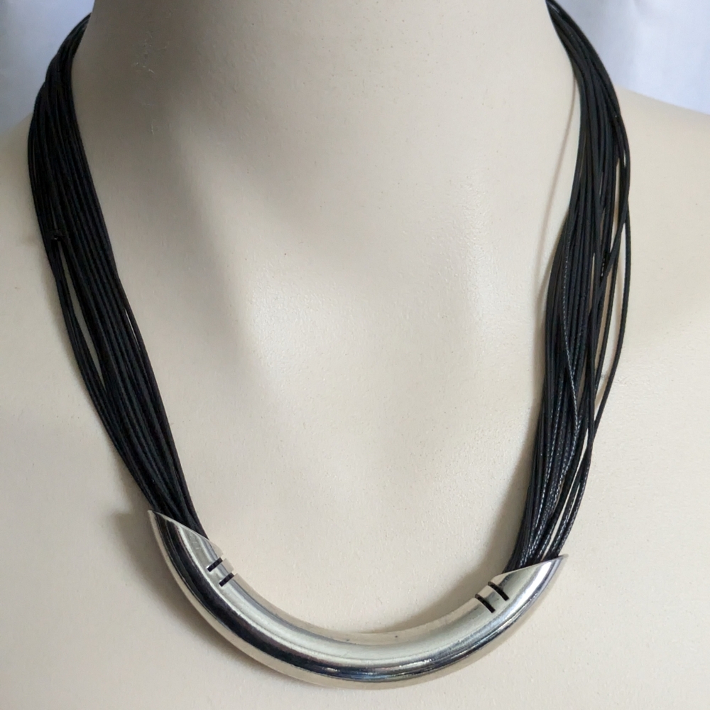 Multi Strand Necklace Black with Chunky Silver Tone Tube Bead Adjustable Goth